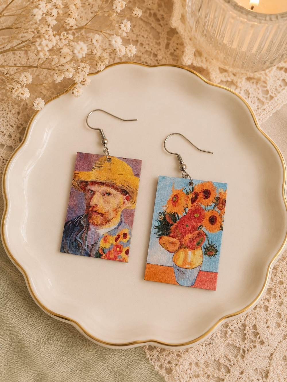 Art-Inspired Sunflower & Portrait Wooden Drop Earrings - New